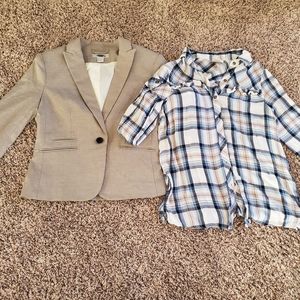 Set of sand colored blazer and blue plaid top